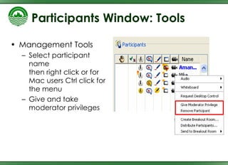 Participants Window: Tools Management Tools Select participant name  then right click or for Mac users Ctrl click for the menu Give and take moderator privileges 