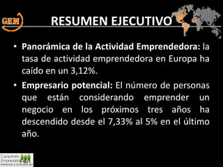RESUMEN EJECUTIVO Panorámica de la Actividad Emprendedora:  la tasa de actividad emprendedora en Europa ha caído en un 3,12%. Empresario potencial:  El número de personas que están considerando emprender un negocio en los próximos tres años ha descendido desde el 7,33% al 5% en el último año. 