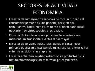 SECTORES DE ACTIVIDAD ECONOMICA El sector de comercio o de servicios de consumo, donde el consumidor primario es una persona; por ejemplo, restaurantes, bares, hoteles, comercio al por menor, salud, educación, servicios sociales y recreación. El sector de transformación; por ejemplo, construcción, manufactura, transporte y ventas al por mayor. El sector de servicios industriales, donde el consumidor primario es otra empresa; por ejemplo, seguros, bienes raíces y demás servicios a las empresas. El sector extractivo, a saber: extracción de productos de la naturaleza como agricultura forestal, pesca y minería. 
