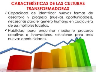 CARACTERÍSTICAS DE LAS CULTURAS TRANSFORMADORAS Capacidad de identificar nuevas formas de desarrollo y progreso (nuevas oportunidades), necesarias para el género humano en cualquiera de sus múltiples facetas. Habilidad para encontrar mediante procesos creativos e innovadores, soluciones para esas nuevas oportunidades. 