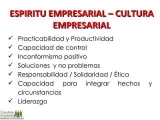 Practicabilidad   y Productividad Capacidad de control Inconformismo positivo Soluciones  y no problemas Responsabilidad / Solidaridad / Ética Capacidad para integrar hechos y circunstancias Liderazgo ESPIRITU EMPRESARIAL – CULTURA EMPRESARIAL 
