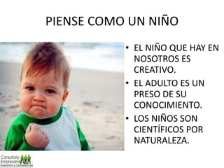 PIENSE COMO UN NIÑO EL NIÑO QUE HAY EN NOSOTROS ES CREATIVO. EL ADULTO ES UN PRESO DE SU CONOCIMIENTO. LOS NIÑOS SON CIENTÍFICOS POR NATURALEZA. 