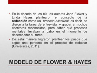 MODELO DE FLOWER & HAYES
• En la década de los 80, los autores John Flower y
Linda Hayes plantearon el concepto de la
redacción como un proceso escritural; es decir, se
dieron a la tarea de entrevistar y grabar a muchos
escritores reconocidos, para saber qué procesos
mentales llevaban a cabo en el momento de
desempeñar su tarea.
• De esta manera lograron plantear los pasos que
sigue una persona en el proceso de redactar
(Universitas, 2011).
 