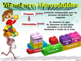 VitaminasVitaminasVitaminasVitaminas
sustancias indispensables para los
procesos metabólicos del
organismo
Se disuelven en agua
Se almacenan en muy pocas
cantidades y se excretan
fácilmente a través de la orina
HidrosolublesHidrosolublesHidrosolublesHidrosolubles
 