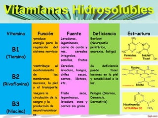 Vitamina Función Fuente Deficiencia Estructura
B1
(Tiamina)
•produce
energía para la
regulación del
sistema nervioso
Levaduras,
leguminosas,
carne de cerdo y
res, cereales
integrales,
semillas, frutos
secos, etc
Beriberi
(Neuropatía
periférica,
anorexia, fatiga)
B2
(Rivoflavina)
•contribuye al
mantenimiento
de las
membranas
mucosas, la piel
y el transporte
de oxígeno
Cereales,
levadura, hongos,
chiles secos,
carnes, lácteos,
etc.
Su deficiencia
puede traer
lesiones en la piel
y sensibilidad a la
luz.
B3
(Niacina)
•mejora la
circulación de la
sangre y la
producción de
neurotransmisor
es
Fruta seca,
leguminosas,
levadura, aves y
carnes sin grasa
Pelagra (Diarrea,
Demencia,
Dermatitis)
Pirimidina Núcleo
Tiazol
Ribitol
Flavina
Nicotinamida
 