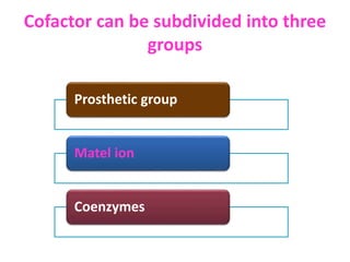 Prosthetic group
Matel ion
Coenzymes
Cofactor can be subdivided into three
groups
 