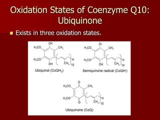 Oxidation States of Coenzyme Q10:
            Ubiquinone
   Exists in three oxidation states.
 