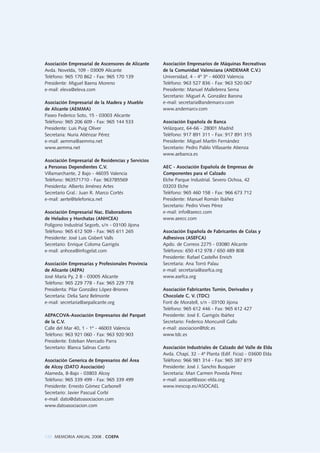 120 MEMORIA ANUAL 2008 . COEPA
Asociación Empresarial de Ascensores de Alicante
Avda. Novelda, 109 - 03009 Alicante
Teléfono: 965 170 862 - Fax: 965 170 139
Presidente: Miguel Baena Moreno
e-mail: eleva@eleva.com
Asociación Empresarial de la Madera y Mueble
de Alicante (AEMMA)
Paseo Federico Soto, 15 - 03003 Alicante
Teléfono: 965 206 609 - Fax: 965 144 533
Presidente: Luis Puig Oliver
Secretaria: Nuria Atiénzar Pérez
e-mail: aemma@aemma.net
www.aemma.net
Asociación Empresarial de Residencias y Servicios
a Personas Dependientes C.V.
Villamarchante, 2 Bajo - 46035 Valencia
Teléfono: 963571710 - Fax: 963785569
Presidenta: Alberto Jiménez Artes
Secretario Gral.: Juan R. Marco Cortés
e-mail: aerte@telefonica.net
Asociación Empresarial Nac. Elaboradores
de Helados y Horchatas (ANHCEA)
Polígono Industrial Segorb, s/n - 03100 Jijona
Teléfono: 965 612 509 - Fax: 965 611 265
Presidente: José Luis Gisbert Valls
Secretario: Enrique Coloma Garrigós
e-mail: anhcea@infogelat.com
Asociación Empresarias y Profesionales Provincia
de Alicante (AEPA)
José María Py, 2 B - 03005 Alicante
Teléfono: 965 229 778 - Fax: 965 229 778
Presidenta: Pilar González López-Briones
Secretaria: Delia Sanz Belmonte
e-mail: secretaria@aepalicante.org
AEPACOVA-Asociación Empresarios del Parquet
de la C.V.
Calle del Mar 40, 1 - 1º - 46003 Valencia
Teléfono: 963 921 060 - Fax: 963 920 903
Presidente: Esteban Mercado Parra
Secretario: Blanca Salinas Canto
Asociación Generica de Empresarios del Área
de Alcoy (DATO Asociación)
Alameda, 8-Bajo - 03803 Alcoy
Teléfono: 965 339 499 - Fax: 965 339 499
Presidente: Ernesto Gómez Carbonell
Secretario: Javier Pascual Corbí
e-mail: dato@datoasociacion.com
www.datoasociacion.com
Asociación Empresarios de Máquinas Recreativas
de la Comunidad Valenciana (ANDEMAR C.V.)
Universidad, 4 - 4º 3ª - 46003 Valencia
Teléfono: 963 527 836 - Fax: 963 520 067
Presidente: Manuel Mallebrera Serna
Secretario: Miguel A. González Barona
e-mail: secretaria@andemarcv.com
www.andemarcv.com
Asociación Española de Banca
Velázquez, 64-66 - 28001 Madrid
Teléfono: 917 891 311 - Fax: 917 891 315
Presidente: Miguel Martín Fernández
Secretario: Pedro Pablo Villasante Atienza
www.aebanca.es
AEC - Asociación Española de Empresas de
Componentes para el Calzado
Elche Parque Industrial. Severo Ochoa, 42
03203 Elche
Teléfono: 965 460 158 - Fax: 966 673 712
Presidente: Manuel Román Ibáñez
Secretario: Pedro Vives Pérez
e-mail: info@aeecc.com
www.aeecc.com
Asociación Española de Fabricantes de Colas y
Adhesivos (ASEFCA)
Apdo. de Correos 2275 - 03080 Alicante
Teléfonos: 650 412 978 / 650 489 808
Presidente: Rafael Castellvi Enrich
Secretaria: Ana Torró Palau
e-mail: secretaria@asefca.org
www.asefca.org
Asociación Fabricantes Turrón, Derivados y
Chocolate C. V. (TDC)
Font de Moratell, s/n - 03100 Jijona
Teléfono: 965 612 446 - Fax: 965 612 427
Presidente: José E. Garrigós Ibáñez
Secretario: Federico Moncunill Gallo
e-mail: asociacion@tdc.es
www.tdc.es
Asociación Industriales de Calzado del Valle de Elda
Avda. Chapí, 32 - 4ª Planta (Edif. Ficia) - 03600 Elda
Teléfono: 966 981 314 - Fax: 965 387 819
Presidente: José J. Sanchis Busquier
Secretaria: Mari Carmen Poveda Pérez
e-mail: asocael@asoc-elda.org
www.inescop.es/ASOCAEL
 