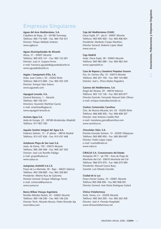 6.1Asociaciones,FederacionesyEmpresasSingulares
MEMORIA ANUAL 2008 . COEPA 125
Aguas del Arco Mediterráneo, S.A.
Caballero de Rojas, 22 - 03180 Torrevieja
Teléfono: 965 710 569 - Fax: 965 703 521
Director: Pelayo Mellado Jiménez
www.agbar.es
Aguas Municipalizadas de Alicante
Alona, 31 - 03007 Alicante
Teléfono: 965 925 141 - Fax: 965 132 001
Director: Juan A. Guijarro Ferrer
e-mail: francisco.aguado@aguasdealicante.es
www.aguasdealicante.es
Aigües i Sanejament d’Elx, S.A.
Avda. Juan Carlos I, 53 - 03202 Elche
Teléfono: 966 613 800 - Fax: 965 453 339
Director: Enrique Sáez Solano
www.aigueselx.com
Aquagest Levante, S.A.
General Bonanza, 1 - Alicante
Teléfono: 965 100 431
Directora: Asunción Martínez García
e-mail: amartinez@agbar.es
www.aquagest-levante.es
Acciona Agua S.A.
Avda de Europa, 22 - 28108 Alcobendas (Madrid)
Teléfono: 917 907 700
Aqualia Gestión Integral del Agua S.A.
Federico Salmón, 13 - 3ª planta - 28016 Madrid
Teléfono: 913 437 636 - Fax: 913 437 468
Autobuses Playa de San Juan S.A.
Avda. de Denia, 155 - 03015 Alicante
Teléfono: 965 269 369 - Fax: 965 267 355
Director: José Luis Romillo Fidalgo
e-mail: grupo@subus.es
www.subus.es
Autopistas AUMAR S.A.C.E.
Paseo de La Alameda, 36 - Bajo - 46023 Valencia
Teléfono: 963 358 800 - Fax: 963 358 801
Presidente: Alberto Ruiz de Galarreta
Director General: Enrique Villalonga Torres
e-mail: comercial@aumar.es
www.aumar.es
Banco Bilbao Vizcaya Argentaria
Rambla Méndez Nuñez, 42 - 03002 Alicante
Teléfono: 965 148 290 - Fax: 965 148 226
Director Territ. Alicante-Murcia: Pedro Ricondo Aja
www.bbva.com
Caja del Mediterráneo (CAM)
Oscar Esplá, 37 - pta 6 - 03007 Alicante
Teléfono: 965 905 500 - Fax: 965 906 901
Presidente: Modesto Crespo Martínez
Director General: Roberto López Abad
www.cam.es
Caja Madrid
Avda. Oscar Esplá, 28 - 03003 Alicante
Teléfono: 965 982 089 - Fax: 965 982 354
www.cajamadrid.es
Casa de Reposo y Sanatorio Perpetuo Socorro
Pza. Dr. Gómez Ulla, 15 - 03013 Alicante
Teléfono: 965 201 100 - Fax: 965 144 890
Director: José L. Pérez-Mateo Regadera
Casinos del Mediterráneo, S.A.
Ángel del Alcázar, 29 - 46018 Valencia
Teléfono: 963 132 136 - Fax: 963 830 877
Director-Gerente: Fernando Manuel Soler Olmos
e-mail: enrique.mateu@acrismatic.es
Centros Comerciales Carrefour
Ctra. de Murcia-Alicante, km. 53 - 03205 Elche
Teléfono: 966 608 300 - Fax: 966 608 307
Director: José Antonio Castilla Pitel
e-mail: marialuisa.garcia@carrefour.com
www.carrefour.es
Chocolates Valor, S.A.
Pianista Gonzalo Soriano, 13 - 03205 Villajoyosa
Teléfono: 965 890 950 - Fax: 965 894 697
Director: Pedro López López
e-mail: icuesta@valor.es
www.valor.es
CIRALSA S.A. Concesionario del Estado
Autopista AP-7 - pk 703 - Area de Peaje de
Monforte del Cid - 03670 Monforte del Cid
Teléfono: 966 075 970 - Fax: 966 075 990
Presidente: Manuel García Buey
Gerente: Luis Oleada Gonzálo
Ciudad de la Luz
Paseo Doctor Gadea, 10 - 03001 Alicante
Teléfono 965 908 090 - Fax 965 908 091
Director General: José María Rodríguez Galant
Clínica Vistahermosa
Avda. Denia, s/n - 03205 Alicante
Teléfono: 965 264 200 - Fax: 965 262 405
Director: José A. Pomata Hospitalet
www.clinicavistahermosa.net
Empresas Singulares
 