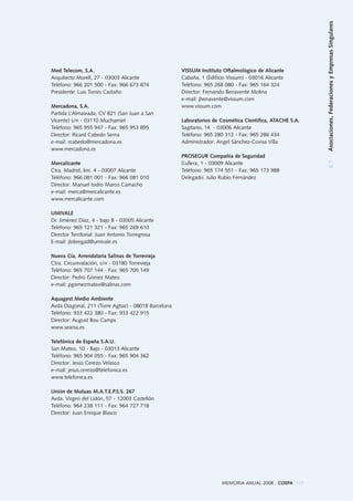 6.1Asociaciones,FederacionesyEmpresasSingulares
MEMORIA ANUAL 2008 . COEPA 127
Med Telecom, S.A.
Arquitecto Morell, 27 - 03003 Alicante
Teléfono: 966 201 500 - Fax: 966 673 874
Presidente: Luis Torres Castaño
Mercadona, S.A.
Partida L’Almaixada, CV 821 (San Juan a San
Vicente) s/n - 03110 Muchamiel
Teléfono: 965 955 947 - Fax: 965 953 895
Director: Ricard Cabedo Serna
e-mail: rcabedo@mercadona.es
www.mercadona.es
Mercalicante
Ctra. Madrid, km. 4 - 03007 Alicante
Teléfono: 966 081 001 - Fax: 966 081 010
Director: Manuel Isidro Marco Camacho
e-mail: merca@mercalicante.es
www.mercalicante.com
UMIVALE
Dr. Jiménez Díaz, 4 - bajo B - 03005 Alicante
Teléfono: 965 121 321 - Fax: 965 269 610
Director Territorial: Juan Antonio Torregrosa
E-mail: jlobregad@umivale.es
Nueva Cía. Arrendataria Salinas de Torrevieja
Ctra. Circunvalación, s/n - 03180 Torrevieja
Teléfono: 965 707 144 - Fax: 965 705 149
Director: Pedro Gómez Mateo
e-mail: pgomezmateo@salinas.com
Aquagest Medio Ambiente
Avda Diagonal, 211 (Torre Agbar) - 08018 Barcelona
Teléfono: 933 422 380 - Fax: 933 422 915
Director: August Bou Camps
www.searsa.es
Telefónica de España S.A.U.
San Mateo, 10 - Bajo - 03013 Alicante
Teléfono: 965 904 055 - Fax: 965 904 362
Director: Jesús Cerezo Velasco
e-mail: jesus.cerezo@telefonica.es
www.telefonica.es
Unión de Mutuas M.A.T.E.P.S.S. 267
Avda. Virgen del Lidón, 57 - 12003 Castellón
Teléfono: 964 238 111 - Fax: 964 727 718
Director: Juan Enrique Blasco
VISSUM Instituto Oftalmológico de Alicante
Cabaña, 1 (Edificio Vissum) - 03016 Alicante
Teléfono: 965 268 080 - Fax: 965 164 324
Director: Fernando Benavente Molina
e-mail: jbenavente@vissum.com
www.vissum.com
Laboratorios de Cosmética Científica, ATACHE S.A.
Sagitario, 14 - 03006 Alicante
Teléfono: 965 280 312 - Fax: 965 286 434
Administrador: Angel Sánchez-Covisa Villa
PROSEGUR Compañía de Seguridad
Cullera, 1 - 03009 Alicante
Teléfono: 965 174 551 - Fax: 965 173 988
Delegado: Julio Rubio Fernández
 