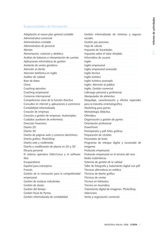 Adaptación al nuevo plan general contable
Administrativo comercial
Administrativo contable
Administrativo de personal
Alemán
Alimentación, nutrición y dietética
Análisis de balances e interpretación de cuentas
Aplicaciones informáticas de gestión
Asistente de centro geriátrico
Atención al cliente
Atención telefónica en inglés
Auditor de calidad
Base de datos
Chino
Coaching ejecutivo
Coaching empresarial
Comercio internacional
Competencias clave de la función directiva
Consultor en internet y aplicaciones e-commerce
Contabilidad informatizada
Creación de empresas
Creación y gestión de empresas: Autoempleo
Cuidados auxiliares de enfermería
Dirección financiera
Diseño 2D
Diseño 3D
Diseño de páginas web y comercio electrónico
Diseño gráfico: PhotoShop
Diseño web y multimedia
Diseño y modificación de planos en 2D y 3D
Eficacia personal
El sistema operativo GNU/Linux y el software
libre
Escaparatismo
Español para extranjeros
Francés
Gestión de la innovación para la competitividad
empresarial
Gestión de residuos industriales
Gestión de stocks
Gestión del tiempo
Gestión fiscal de Pymes
Gestión informatizada de contabilidad
Gestión informatizada de nóminas y seguros
sociales
Gestión por procesos
Hoja de cálculo
Impuesto de Sociedades
Impuesto sobre el Valor Añadido
Informática de usuario
Inglés
Inglés empresarial
Inglés empresarial avanzado
Inglés técnico
Inglés turístico
Inglés turístico avanzado
Inglés: Atención al público
Inglés: Gestión comercial
Liderazgo personal y profesional
Manipulador de alimentos
Maquillaje, caracterización y efectos especiales
para la industria cinematográfica
Marketing para pymes
Metodología didáctica
Ofimática
Organización y gestión de pymes
Orientación profesional
PowerPoint
Preimpresión y pdf Artes gráficas
Preparación de cócteles
Procesador de texto
Programas de retoque digital y escaneado de
imágenes
Protocolo empresarial
Protocolo empresarial en el servicio del vino
Redes inalámbricas
Sistemas de gestión de la calidad
Taller de fotografía y tratamiento digital con pdf
Técnicas alternativas en estética
Técnicas de diseño gráfico
Técnicas de ventas
Técnico en hidráulica
Técnico en neumática
Tratamiento digital de imágenes: PhotoShop
Valenciano
Venta y negociación comercial
3.1Informedeactividades
MEMORIA ANUAL 2008 . COEPA 47
Especialidades de Formación
 
