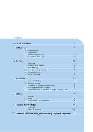 0.0 Índice
Carta del Presidente 5
1. Institucional 7
1.1 Comité Ejecutivo 9
1.2 Junta Directiva 11
1.3 Representación institucional 15
1.4 Discurso de Modesto Crespo 17
2. Servicios 23
2.1 Introducción 25
2.2 Enterprise Europe Network 27
2.3 Medio Ambiente 33
2.4 Prevención de Riesgos Laborales 37
2.5 Sistemas e Innovación 39
2.6 Análisis y Estadística 41
3. Formación 43
3.1 Informe de actividades 45
3.2 Oficinas comarcales 51
3.3 Participación en ferias de empleo y formación 57
3.4 Fundación COEPA para la Formación 61
3.5 Centro de Formación en Prevención de Riesgos Laborales y Oficios 65
4. Informes 69
4.1 Económico 71
4.2 Laboral 87
4.3 Responsabilidad Social Corporativa 91
5. Memoria de actividades 95
5.1 Introducción 97
5.2 Agenda de actividades 104
6. Directorio de Asociaciones, Federaciones y Empresas Singulares 117
 