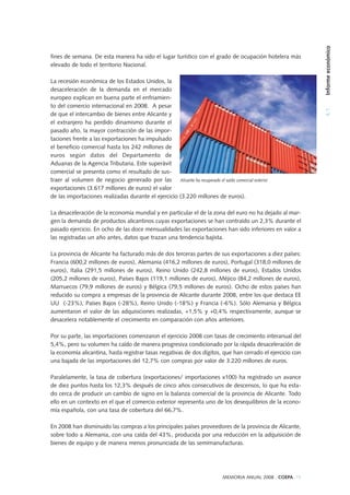 fines de semana. De esta manera ha sido el lugar turístico con el grado de ocupación hotelera más
elevado de todo el territorio Nacional.
La recesión económica de los Estados Unidos, la
desaceleración de la demanda en el mercado
europeo explican en buena parte el enfriamien-
to del comercio internacional en 2008. A pesar
de que el intercambio de bienes entre Alicante y
el extranjero ha perdido dinamismo durante el
pasado año, la mayor contracción de las impor-
taciones frente a las exportaciones ha impulsado
el beneficio comercial hasta los 242 millones de
euros según datos del Departamento de
Aduanas de la Agencia Tributaria. Este superávit
comercial se presenta como el resultado de sus-
traer al volumen de negocio generado por las
exportaciones (3.617 millones de euros) el valor
de las importaciones realizadas durante el ejercicio (3.220 millones de euros).
La desaceleración de la economía mundial y en particular el de la zona del euro no ha dejado al mar-
gen la demanda de productos alicantinos cuyas exportaciones se han contraído un 2,3% durante el
pasado ejercicio. En ocho de las doce mensualidades las exportaciones han sido inferiores en valor a
las registradas un año antes, datos que trazan una tendencia bajista.
La provincia de Alicante ha facturado más de dos terceras partes de sus exportaciones a diez países:
Francia (600,2 millones de euros), Alemania (416,2 millones de euros), Portugal (318,0 millones de
euros), Italia (291,5 millones de euros), Reino Unido (242,8 millones de euros), Estados Unidos
(205,2 millones de euros), Países Bajos (119,1 millones de euros), Méjico (84,2 millones de euros),
Marruecos (79,9 millones de euros) y Bélgica (79,5 millones de euros). Ocho de estos países han
reducido su compra a empresas de la provincia de Alicante durante 2008, entre los que destaca EE
UU (-23%), Países Bajos (-28%), Reino Unido (-18%) y Francia (-6%). Sólo Alemania y Bélgica
aumentaron el valor de las adquisiciones realizadas, +1,5% y +0,4% respectivamente, aunque se
desacelera notablemente el crecimiento en comparación con años anteriores.
Por su parte, las importaciones comenzaron el ejercicio 2008 con tasas de crecimiento interanual del
5,4%, pero su volumen ha caído de manera progresiva condicionado por la rápida desaceleración de
la economía alicantina, hasta registrar tasas negativas de dos dígitos, que han cerrado el ejercicio con
una bajada de las importaciones del 12,7% con compras por valor de 3.220 millones de euros.
Paralelamente, la tasa de cobertura (exportaciones/ importaciones x100) ha registrado un avance
de diez puntos hasta los 12,3% después de cinco años consecutivos de descensos, lo que ha esta-
do cerca de producir un cambio de signo en la balanza comercial de la provincia de Alicante. Todo
ello en un contexto en el que el comercio exterior representa uno de los desequilibrios de la econo-
mía española, con una tasa de cobertura del 66,7%.
En 2008 han disminuido las compras a los principales países proveedores de la provincia de Alicante,
sobre todo a Alemania, con una caída del 43%, producida por una reducción en la adquisición de
bienes de equipo y de manera menos pronunciada de las semimanufacturas.
4.1Informeeconómico
MEMORIA ANUAL 2008 . COEPA 75
Alicante ha recuperado el saldo comercial exterior
 