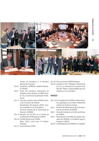 ciación de Panaderos y la directora
general de Consumo
Día 8 Fundación CONEXUS Madrid-Valencia.
En Madrid
Día 9 Visita del secretario autonómico de
Industria, Bruno Broseta a COEPA Puer-
ta 10 y al Centro de Cualificación Profe-
sional
Día 11 Reunión comisión mixta COEPA-Cáma-
ra de Comercio de Alicante
Presentación del proyecto SHIFT, Turis-
mo sostenible en la Costa Blanca
Visita de alumnos de la Universidad de
Alicante a SEIMED
Día 12 Reunión con CC.OO. en el Centro de
Cualificación Profesional de COEPA
Día 16 Comité Ejecutivo de COEPA
Mesa Pacto Local para el Empleo.
Orihuela
Día 17 Junta Directiva CEOE
Día 18 Firma convenio COEPA-Marsans
Día 23 Jornada en IFA “Estrategia Territorial de
la C.V. y su influencia en la provincia de
Alicante. Retos y oportunidades para las
empresas y los municipios”
MARZO
Día 1al 5 El presidente de COEPA, Rafael Martí-
nez, participa en una misión institucional
a Brasil con Francisco Camps
Día 4 Reunión del Observatorio de la Financia-
ción de las Pymes de COEPA
Día 5 Visita de Umivale en el Centro de Oficios
de COEPA
Día 8 Presentación en COEPA de estudio reali-
zado por CIERVAL, la Fundación Agua y
Progreso e INECA
Día 10 Comité Ejecutivo de CIERVAL en Castellón
MEMORIA ANUAL 2010 . COEPA 101
5.2Agendadeactividades
 