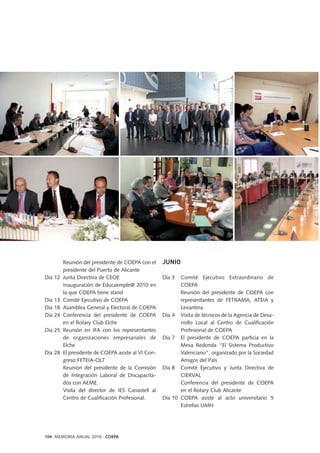 Reunión del presidente de COEPA con el
presidente del Puerto de Alicante
Día 12 Junta Directiva de CEOE
Inauguración de Educaemple@ 2010 en
la que COEPA tiene stand
Día 13 Comité Ejecutivo de COEPA
Día 18 Asamblea General y Electoral de COEPA
Día 24 Conferencia del presidente de COEPA
en el Rotary Club Elche
Día 25 Reunión en IFA con los representantes
de organizaciones empresariales de
Elche
Día 28 El presidente de COEPA asiste al VI Con-
greso FETEIA-OLT
Reunión del presidente de la Comisión
de Integración Laboral de Discapacita-
dos con AEME.
Visita del director de IES Canastell al
Centro de Cualificaciòn Profesional.
JUNIO
Día 3 Comité Ejecutivo Extraordinario de
COEPA
Reunión del presidente de COEPA con
representantes de FETRAMA, ATEIA y
Levantina
Día 4 Visita de técnicos de la Agencia de Desa-
rrollo Local al Centro de Cualificación
Profesional de COEPA
Día 7 El presidente de COEPA particia en la
Mesa Redonda “El Sistema Productivo
Valenciano”, organizado por la Sociedad
Amigos del País
Día 8 Comité Ejecutivo y Junta Directiva de
CIERVAL
Conferencia del presidente de COEPA
en el Rotary Club Alicante
Día 10 COEPA asiste al acto universitario 5
Estrellas UMH
104 MEMORIA ANUAL 2010 . COEPA
 