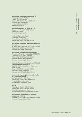 6.1Asociaciones,Federacionesy
empresassingulares
MEMORIA ANUAL 2010 . COEPA 115
Asociación de Empresas de Publicidad de la
Provincia de Alicante (AEPPA)
Orense, 10 - 03003 Alicante
Teléfono: 965 131 400 - Fax: 965 986 921
Presidente: José Antón Puntes
e-mail: info@asociacion361.es
www.asociacion361.es
Asociación Empresarial del Sector TIC C.V.
Garrigues, 3 - 8º - pta A - 46001 Valencia
Teléfono: 963 944 517
Presidente: Joaquín Garrido
Asociación Española del Juguete
La Ballaora ,1 - 03440 Ibi
Presidente: José Antonio Pastor
Teléfono: 966 554 012 Fax: 966 551 176
Asociación de Empresarios Productores de Energías
Renovables
Av. Benito Pérez Galdós, 39 - ent.C - 03005 Alicante
Teléfono: 965 123 933 Fax: 966 615 048
Presidente: José Miguel Valero Lázaro
Asociación de Promotores y Constructores de
Viviendas de Torrevieja y la Vega Baja (PROCOSTA)
Campoamor, 26 b - 03181 Torrevieja
Teléfono: 965 704 099 Fax: 965 706 486
Presidente: Antonio Navarro Ballester
Secretario: Benjamín López Sánchez
Asociación Provincial de Empresarios de Publicidad
Exterior de Alicante (ASEMPEXA)
Deportista Ramón Mendizábal, 16 - bajo - pta. 1
03006 Alicante
Teléfono: 965107735 - Fax: 902 102 750
Presidente: Germán Antón Pérez
Secretaria General: Flora Medrano Martínez
Asociación de Empresas y Servicios Audiovisuales
de la Provincia de Alicante
San Agatángelo, 12 - 03201 Elche
Teléfono: 965 423 419 - Fax: 966 610 787
Presidente: Carlos Robles Pérez
Secretario Gral.: José Valdés Ortega
AVECA
Plaza Ruperto Chapí, 3 - 03001 Alicante
Teléfono: 965 140 267 Fax: 965 144 704
Presidente: Francisco Aznar Payá
Secretario General: José Manuel Ramón Riquelme
Asociación para la Innovación y el Desarrollo
Multisectorial (AINTEC)
Río Algar, 32 - 1º E - 03690 San Vicente del Raspeig
Presidente: Francisco Millán Robles
 