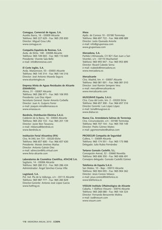 118 MEMORIA ANUAL 2010 . COEPA
Comagua, Comercial de Aguas, S.A.
Aurelio Ibarra, 16 - 03009 Alicante
Teléfono: 965 227 629 - Fax: 965 255 830
Director: Miguel Grau Lillo
www.comagua.es
Compañía Española de Resinas, S.A.
Avda. de Elche, 148 - 03008 Alicante
Teléfono: 965 109 003 - Fax: 965 110 669
Presidente: Vicente Sala Belló
e-mail: info@smresinas.com
El Corte Inglés, S.A.
Avda. Maisonnave, 53 - 03003 Alicante
Teléfono: 965 145 314 - Fax: 965 144 316
Director: José Antonio Maseda Segura
www.elcorteingles.es
Empresa Mixta de Aguas Residuales de Alicante
(EMARASA)
Alona, 31 - 03007 Alicante
Teléfono: 965 286 971 - Fax: 965 106 955
Presidente: Luis Díaz Alperi
Secretario General: Xavier Amorós Corbella
Director: Juan A. Guijarro Ferrer
e-mail: joaquin.reina@emarasa.es
www.emarasa.es
Iberdrola, Distribución Eléctrica S.A.U.
Calderón de la Barca, 16 - 03004 Alicante
Teléfono: 965 202 133 - Fax: 965 201 139
Director: Javier Bon Tarazona
e-mail: mblanca@iberdrola.es
www.iberdrola.es
Institución Ferial Alicantina (IFA)
Ctra. N-340, km 731 - 03320-Elche
Teléfono: 966 657 600 - Fax: 966 657 630
Presidente: Moisés Jiménez Mañas
Director: Antonio Galván Díez
e-mail: sdireccion@ifa.virtual.com
www.feria-alicante.com
Laboratorios de Cosmética Científica, ATACHE S.A.
Sagitario, 14 - 03006 Alicante
Teléfono: 965 280 312 - Fax: 965 286 434
Administrador: Ángel Sánchez-Covisa Villa
Logisland, S.A.
Pol. Ind. Pla de la Vallonga, s/n - 03113 Alicante
Teléfono: 965 987 777 - Fax: 965 283 829
Director-Gerente: Antonio José López García
www.hotfrog.es
Masa
Apdo. de Correos 10 - 03180 Torrevieja
Teléfono: 966 697 722 - Fax: 966 698 089
Director: Justo Quesada Aniorte
e-mail: info@grupomasa.com
www.grupomasa.com
Mercadona, S.A.
Partida L’Almaixada, CV 821 (San Juan a San
Vicente), s/n - 03110 Muchamiel
Teléfono: 965 955 947 - Fax: 965 953 895
Director: Ricard Cabedo Serna
e-mail: rcabedo@mercadona.es
www.mercadona.es
Mercalicante
Ctra. Madrid, km. 4 - 03007 Alicante
Teléfono: 966 081 001 - Fax: 966 081 010
Director: José Ramón Sempere Vera
e-mail: merca@mercalicante.es
www.mercalicante.com
MUSGRAVE España, S.A.U.
Ctra. Casa del León, km. 2 - 03203 Elche
Teléfono: 966 657 300 - Fax: 966 657 316
Director Gerente: Luis López López
e-mail: loria@musgrave.es
www.dialsur.es
Nueva Cía. Arrendataria Salinas de Torrevieja
Ctra. Circunvalación, s/n - 03180 Torrevieja
Teléfono: 965 707 144 - Fax: 965 705 149
Director: Pedro Gómez Mateo
e-mail: pgomezmateo@salinas.com
PROSEGUR Compañía de Seguridad
Cullera, 1 - 03009 Alicante
Teléfono: 965 174 551 - Fax: 965 173 988
Delegado: Julio Rubio Fernández
Tartaros Gonzalo Castelló, S.L.
Concepción Arenal, 32 - 03660 Novelda
Teléfono: 965 606 350 - Fax: 965 606 491
Consejero delegado: Gonzalo Castelló Gómez
Telefónica de España S.A.U.
San Mateo, 10 - Bajo - 03013 Alicante
Teléfono: 965 904 055 - Fax: 965 904 362
Director: Jesús Cerezo Velasco
e-mail: jesus.cerezo@telefonica.es
www.telefonica.es
VISSUM Instituto Oftalmológico de Alicante
Cabaña, 1 (Edificio Vissum) - 03016 Alicante
Teléfono: 965 268 080 - Fax: 965 164 324
Director: Fernando Benavente Molina
e-mail: ioa@vissum.com
www.vissum.com
 