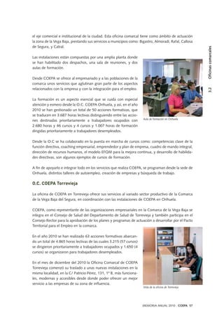 3.2Oficinascomarcales
MEMORIA ANUAL 2010 . COEPA 57
el eje comercial e institucional de la ciudad. Esta oficina comarcal tiene como ámbito de actuación
la zona de la Vega Baja, prestando sus servicios a municipios como: Bigastro, Almoradí, Rafal, Callosa
de Segura, y Catral.
Las instalaciones están compuestas por una amplia planta donde
se han habilitado dos despachos, una sala de reuniones, y dos
aulas de formación.
Desde COEPA se ofrece al empresariado y a las poblaciones de la
comarca unos servicios que aglutinan gran parte de los aspectos
relacionados con la empresa y con la integración para el empleo.
La formación es un aspecto esencial que se cuida con especial
atención y esmero desde la O.C. COEPA Orihuela, y así, en el año
2010 se han gestionado un total de 50 acciones formativas, que
se traducen en 3.687 horas lectivas distinguiendo entre las accio-
nes destinadas prioritariamente a trabajadores ocupados con
2.680 horas y 46 cursos y 4 cursos y 1.007 horas de formación
dirigidas prioritariamente a trabajadores desempleados.
Desde la O.C se ha colaborado en la puesta en marcha de cursos como: competencias clave de la
función directiva, coaching empresarial, emprendedor y plan de empresa, cuadro de mando integral,
dirección de recursos humanos, el modelo EFQM para la mejora continua, y desarrollo de habilida-
des directivas, son algunos ejemplos de cursos de formación.
A fin de apoyarlo e integrar todo en los servicios que realiza COEPA, se programan desde la sede de
Orihuela, distintos talleres de autoempleo, creación de empresas y búsqueda de trabajo.
O.C. COEPA Torrevieja
La oficina de COEPA en Torrevieja ofrece sus servicios al variado sector productivo de la Comarca
de la Vega Baja del Segura, en coordinación con las instalaciones de COEPA en Orihuela.
COEPA, como representante de las organizaciones empresariales en la Comarca de la Vega Baja se
integra en el Consejo de Salud del Departamento de Salud de Torrevieja y también participa en el
Consejo Rector para la aprobación de los planes y programas de actuación a desarrollar por el Pacto
Territorial para el Empleo en la comarca.
En el año 2010 se han realizado 63 acciones formativas abarcan-
do un total de 4.865 horas lectivas de las cuales 3.215 (57 cursos)
se dirigieron prioritariamente a trabajadores ocupados y 1.650 (4
cursos) se organizaron para trabajadores desempleados.
En el mes de diciembre del 2010 la Oficina Comarcal de COEPA
Torrevieja comenzó su traslado a unas nuevas instalaciones en la
misma localidad, en la C/ Patricio Pérez, 131, 1º B, más funciona-
les, modernas y accesibles desde donde poder ofrecer un mejor
servicio a las empresas de su zona de influencia.
Vista de la oficina de Torrevieja
Aula de formación en Orihuela
 