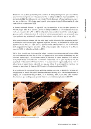 MEMORIA ANUAL 2010 . COEPA 75
En relación con los datos publicados por el Ministerio de Trabajo e Inmigración que hacen referen-
cia al número de empresas con trabajadores inscritas en la Seguridad Social, al cierre de 2010 se han
contabilizado 52.246 entidades en la provincia de Alicante. Este dato refleja una pérdida de empre-
sas que se sitúa en el 2,6%, lo que supone que la provincia cuente con 1.406 compañías de estas
características menos que en 2009.
El número medio de afiliados a la Seguridad Social se ha situado en 554.088 en la provincia de
Alicante, según datos de la Tesorería General de la Seguridad Social. El número de cotizantes acu-
mula una reducción del 1,7% en 2010, reflejo de la incapacidad de la actividad productiva para
generar empleo neto con los ritmos de crecimiento económico existentes. En este contexto, la única
nota positiva es que la caída de la ocupación ha sido cuatro veces más lenta que un año antes.
Entre los regímenes de afiliación más afectados por el escaso dinamismo de la actividad económica
se encuentran los autónomos y los regímenes especiales del mar y de empleados del hogar, cuyas
bajadas han sido del 2,7%, 6,5% y 4,4%, respectivamente. Menos intensa ha sido la disminución
de la ocupación en el régimen General (-1,4%), aunque su peso sobre el conjunto de la afiliación
supone el 60% de la bajada registrada en 2010.
De los datos emitidos por el Ministerio de Trabajo e Inmigración se desprende que la contratación
laboral ha mejorado de forma leve en 2010. En concreto, en un año la provincia ha sumado 402.869
contratos, de los que 40.779 han tenido carácter de indefinido (el 10,5% del total). Así se pone fin
a un periodo de tres años de bajadas anuales en la contratación, con un ligero impulso del 2%. Por
su parte, la contratación indefinida se mantiene en tasas de variación negativas (-5,2%). A pesar de
ello, el peso de la contratación indefinida con respecto al total de la contratación se mantiene más
elevada en la provincia de Alicante (10,1%) que en el conjunto de España (9,3%).
El escaso impulso de la contratación por la falta de medidas adecuadas, la pérdida de cotizantes y la
incorporación de nuevos efectivos al mercado de trabajo se refleja en la cifra de demandantes de
empleo, con un crecimiento del paro del 0,1% en diciembre y del 4,7% en 2010. Estos incremen-
tos, más leves que los del pasado ejercicio, sitúan el número de desempleados en 204.171.
4.1Informeeconómico
La contratación repunta en 2010 con una subida del 2%
 
