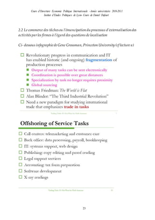 Cours d’Ouverture Economie Politique Internationale –Année universitaire 2010-2011
Institut d’Etudes Politiques de Lyon- Cours de Daniel Dufourt
23
2.2 Le commerce des tâchesou l’émancipationdu processus d’externalisationdes
activitésparles firmes à l’égard des questions de localisation
Ci- dessous infographiedeGene Grossman, Princeton University (cf lecture a)
 