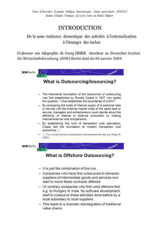 Cours d’Ouverture Economie Politique Internationale –Année universitaire 2010-2011
Institut d’Etudes Politiques de Lyon- Cours de Daniel Dufourt
INTRODUCTION
De la sous–traitance domestique des activités à l’externalisation
à l’étranger des taches
Ci-dessous une infographie de Georg ERBER chercheur au Deutsches Institut
für Wirtschaftsforschung (DIW) Berlin daté du 06 janvier 2004
 