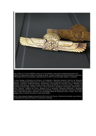 Hoje o COE é a 1ª Cia do 4º BPChq e conta com cinco pelotões, sendo quatro pelotões operacionais com
regime de trabalho de prontidão e um pelotão de apoio. A tropa é composta por policiais militares voluntários,
selecionados dentro da corporação e que passam por um difícil curso para poder integrar a companhia.
O curso abrange as disciplinas de Histórico do Comandos e Operações Especiais, Doutrina de Operações
Especiais, Procedimentos Operacionais em Viatura, Aeronave e Embarcação, Armamento, Tiro de Combate,
Balística, Explosivos, Radiocomunicação, Montanhismo, Intervenções em Disturbios Civis e Rebeliões em
Presídios, Artes Marciais, Caçador (atirador militar) Conduta de Patrulha em Local de Alto Risco, Combate em
Ambiente Fechado (CQB), Combate com Faca, Pronto Socorrismo, Navegação e Orientação, Sobrevivência na
Selva, Ofidismo, Trabalhos em Altura, Mergulho Livre e Autonômo, Operações Ribeirinhas e Operações
Aerotransportadas. Durante o curso os alunos são submetidos a situações de superação, próximas da realidade
onde a tropa deverá operar, testando a sua rusticidade diante de obstáculos como o tempo, sono, fome,
desgaste físico e mental, ferimentos e outras adversidades.
Abaixo vemos algumas imagens do quartel do COE no bairro do Tucuruvi, Zona Norte da capital, que encontra-
se atualmente em obras de melhoria, manutenção e expansão.
 