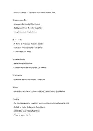 -Mentes Perigosas - O Psicopata - Ana Beatriz Barbosa Silva
B.Microexpressões
-Linguagem das Emoções-Paul Ekman
-O código de Ekman -A.Freitas Magalhães
-Inteligência visual-Amy E.Herman
C.Persuasão
-As Armas da Persuasao - Robert B. Cialdini
-Manual de Persuasão do FBI - Jack Shafer
-Oratória-Reinaldo Polito
D.Adestramento
-Adestramento Inteligente
-Como Criar o Cao Perfeito Desde - Cesar Millan
E.Motivação
-Magica de Pensar Grande-David J SchwartzA
Lógica
-Raciocínio Lógico Passo A Passo -Cabral,Luiz Claudio; Nunes, Mauro César
História
-The illustrated guide to the world's top counter-terrorist forces-Samuel M.Katz
-Bushido (o Código do Samurai)-Daidoji Yuzan
-DA GUERRA-CARL VON CLAUSEWITZ
-A Arte da guerra-Sun Tzu
 