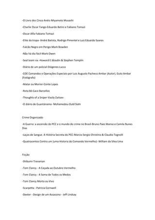 -O Livro dos Cinco Anéis-Miyamoto Musashi
-Charlie Oscar Tango-Eduardo Betini e Fabiano Tomazi
-Oscar Alfa-Fabiano Tomazi
-Elite da tropa- André Batista, Rodrigo Pimentel e Luiz Eduardo Soares
-Falcão Negro em Perigo-Mark Bowden
-Não há dia fácil-Mark Owen
-Seal team six -Howard E.Wasdin & Stephen Templin
-Diário de um policial-Diógenes Lucca
-COE Comandos e Operações Especiais-por Luis Augusto Pacheco Ambar (Autor), Guto Ambar
(Fotógrafo)
-Matar ou Morrer-Conte Lopes
-Rota 66-Caco Barcellos
-Thoughts of a Sniper-Vasily Zaitsev
-O diário de Guantánamo- Mohamedou Ould Slahi
Crime Organizado
-A Guerra: a ascensão do PCC e o mundo do crime no Brasil-Bruno Paes Manso e Camila Nunes
Dias
-Laços de Sangue. A História Secreta do PCC-Marcio Sergio Christino & Claudio Tognolli
-Quatrocentos Contra um (uma Historia do Comando Vermelho)- William da Silva Lima
Ficção
-Shibumi-Trevanian
-Tom Clancy - A Caçada ao Outubro Vermelho
-Tom Clancy - A Soma de Todos os Medos
-Tom Clancy Morto ou Vivo
-Scarpetta - Patricia Cornwell
-Dexter - Design de um Assassino - Jeff Lindsay
 