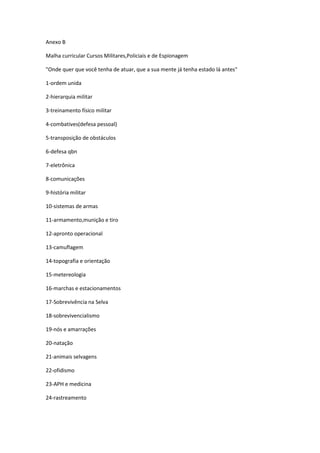 Anexo B
Malha curricular Cursos Militares,Policiais e de Espionagem
"Onde quer que você tenha de atuar, que a sua mente já tenha estado lá antes"
1-ordem unida
2-hierarquia militar
3-treinamento físico militar
4-combatives(defesa pessoal)
5-transposição de obstáculos
6-defesa qbn
7-eletrônica
8-comunicações
9-história militar
10-sistemas de armas
11-armamento,munição e tiro
12-apronto operacional
13-camuflagem
14-topografia e orientação
15-metereologia
16-marchas e estacionamentos
17-Sobrevivência na Selva
18-sobrevivencialismo
19-nós e amarrações
20-natação
21-animais selvagens
22-ofidismo
23-APH e medicina
24-rastreamento
 