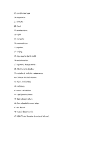 25-resistência e fuga
26-negociação
27-patrulha
28-Esqui
29-Montanhismo
30-rapel
31-mergulho
32-paraquedismo
33-hipismo
34-Sniping
35-close quarter battle (cqb)
36-arrombamento
37-segurança de dignatários
38-Adestramento de cães
39-extinção de incêndio e salvamento
40-Controle de Distúrbio Civil
41-Ações Antibombas
42-explosivos
43-minas e armadilhas
44-Operações Aquáticas
45-Operações em altura
46-Operações Helitransportadas
47-Bus Assault
48-Invasão de aeronaves
49-VBSS (Vessel Boarding Search and Seizure)
 