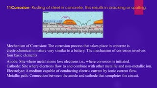 11Corrosion- Rusting of steel in concrete, this results in cracking or spalling.
Anode: Site where metal atoms lose electrons i.e., where corrosion is initiated.
Cathode: Site where electrons flow to and combine with other metallic and non-metallic ion.
Electrolyte: A medium capable of conducting electric current by ionic current flow.
Metallic path: Connection between the anode and cathode that completes the circuit.
Mechanism of Corrosion: The corrosion process that takes place in concrete is
electrochemical in nature very similar to a battery. The mechanism of corrosion involves
four basic elements
 