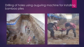 Drilling of holes using auguring machine for installing
bamboo piles
 