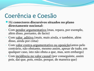 Coerência e Coesão
Há conectores discursivos situados no plano
-

directamente nocional:
Com pendor argumentativo (mas, repara, por exemplo,
além disso, portanto, de facto)
Com valor aditivo (mais, mais ainda, e também, além
disso, ainda por cima)
Com valor contra-argumentativo ou oposição(antes pelo
contrário, não obstante, mesmo assim, apesar de tudo, em
qualquer caso, isto não obsta a que, mas, sem embargo)
Com incidência no valor causal (por conseguinte, assim
pois, daí que, pois, então, porque, de maneira que)

 