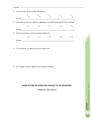9. Annexes
- 139 -
REPORT
EvaluationConclave,2017
6.	 How would you rate the method of facilitation?
1 		 2 		 3 		 4 		 5
	 Remarks _______________________________________________________________________
7.	 How would you rate your satisfaction regarding any new skill development from this workshop?
1 		 2 		 3 		 4 		 5
Remarks _______________________________________________________________________
8.	 Overall, how would you rate the workshop experience?
1 		 2 		 3 		 4 		 5
	 Remarks ______________________________________________________________________
•	 In this workshop, any difference you have experienced
•	 Your thoughts to make a difference which would be still better
PLEASE RETURN THE COMPLETED CHECKLIST TO THE VOLUNTEERS
THANK YOU VERY MUCH!
 
