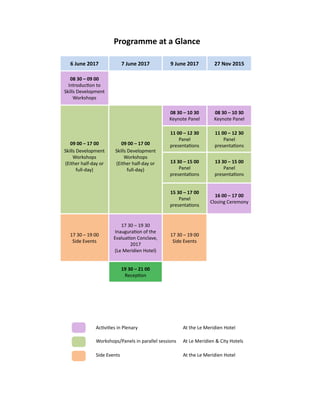 6 June 2017 7 June 2017 9 June 2017 27 Nov 2015
08 30 – 09 00
Introduction to
Skills Development
Workshops
09 00 – 17 00
Skills Development
Workshops
(Either half-day or
full-day)
09 00 – 17 00
Skills Development
Workshops
(Either half-day or
full-day)
08 30 – 10 30
Keynote Panel
08 30 – 10 30
Keynote Panel
11 00 – 12 30
Panel
presentations
11 00 – 12 30
Panel
presentations
13 30 – 15 00
Panel
presentations
13 30 – 15 00
Panel
presentations
15 30 – 17 00
Panel
presentations
16 00 – 17 00
Closing Ceremony
17 30 – 19 00
Side Events
17 30 – 19 30
Inauguration of the
Evaluation Conclave,
2017
(Le Meridien Hotel)
17 30 – 19 00
Side Events
19 30 – 21 00
Reception
Programme at a Glance
Activities in Plenary At the Le Meridien Hotel
Workshops/Panels in parallel sessions At Le Meridien & City Hotels
Side Events At the Le Meridien Hotel
 