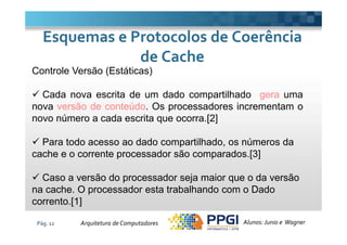 Controle Versão (Estáticas)
Cada nova escrita de um dado compartilhado gera uma
nova versão de conteúdo. Os processadores incrementam o
novo número a cada escrita que ocorra.[2]
Esquemas e Protocolos de CoerênciaEsquemas e Protocolos de Coerência
de Cachede Cache
Pág. 12
novo número a cada escrita que ocorra.[2]
Para todo acesso ao dado compartilhado, os números da
cache e o corrente processador são comparados.[3]
Caso a versão do processador seja maior que o da versão
na cache. O processador esta trabalhando com o Dado
corrento.[1]
Alunos: Junio e WagnerArquitetura de Computadores
 