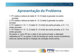 Apresentação do ProblemaApresentação do Problema
1. P1 realiza a leitura do dado X = 0. O dado é gravado na cache
privada;
2. P2 realiza a leitura do dado X = 0. O dado é gravado na cache
privada;
3. P1 realiza X = X + 1. O dado X = 0 é lido da cache privada, e X = 1 é
então gravado;
Pág. 5 Alunos: Junio eWagnerArquitetura de Computadores
então gravado;
4. P2 realiza X = X + 3. O dado X = 0 é lido da cache privada, e X = 3 é
então gravado.
No passo 4, como P2 leu o dado X da cache privada, a alteração
realizada por P1 no passo 3 não foi levada em conta; ocorre incoerência
entre as caches devido à violação da condição chave acima.
 