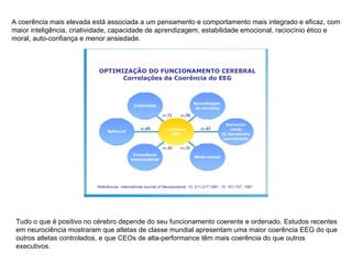 A coerência mais elevada está associada a um pensamento e comportamento mais integrado e eficaz, com maior inteligência, criatividade, capacidade de aprendizagem, estabilidade emocional, raciocínio ético e moral, auto-confiança e menor ansiedade.  Criatividade Aprendizagem  de conceitos Reflexo-H Consciência transcendental Raciocínio moral, IQ, Decréscimo neuroticismo Média escolar Coerência EEG Referências:  International Journal of Neuroscience : 13: 211-217,1981; 15: 151-157, 1981 OPTIMIZAÇÃO DO FUNCIONAMENTO CEREBRAL Correlações da Coerência do EEG Tudo o que é positivo no cérebro depende do seu funcionamento coerente e ordenado. Estudos recentes em neurociência mostraram que atletas de classe mundial apresentam uma maior coerência EEG do que outros atletas controlados, e que CEOs de alta-performance têm mais coerência do que outros executivos.  