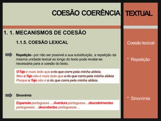 COESÃO COERÊNCIA
1. 1. MECANISMOS DE COESÃO
1.1.5. COESÃO LEXICAL
Repetição -por não ser possível a sua substituição, a repetição da
mesma unidade lexical ao longo do texto pode revelar-se
necessária para a coesão do texto.
OTejoé mais belo que orio que corre pela minha aldeia,
Mas oTejonãoé mais belo que orio que corre pela minha aldeia
Porque o Tejo não é o rio que corre pela minha aldeia.
Sinonímia
Expansãoportuguesa….Aventura portuguesa …
descobrimentos
portugueses…descobertas portuguesas…
TEXTUAL
Coesão lexical:
* Repetição
* Sinonímia
 
