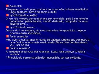 Acidental:Acidental:
Temperar carne de porco na hora de assar não dá bons resultados.Temperar carne de porco na hora de assar não dá bons resultados.
Logo, temperar carne de porco é inútil.Logo, temperar carne de porco é inútil.
Ignorância da questão:Ignorância da questão:
O réu não merece ser condenado por homicídio, pois é um homemO réu não merece ser condenado por homicídio, pois é um homem
trabalhador, pai de família, marido dedicado, cumpridor de seustrabalhador, pai de família, marido dedicado, cumpridor de seus
deveres civis...deveres civis...
Ignorância da causa:Ignorância da causa:
Depois de ir ao cinema, ela teve uma crise de apendicite. Logo, oDepois de ir ao cinema, ela teve uma crise de apendicite. Logo, o
cinema causa apendicite.cinema causa apendicite.
Falsa analogia:Falsa analogia:
Meu vizinho costumava ter dores de cabeça. Depois que começou aMeu vizinho costumava ter dores de cabeça. Depois que começou a
usar óculos, nunca mais sentiu nada. Se eu tiver dor de cabeça,usar óculos, nunca mais sentiu nada. Se eu tiver dor de cabeça,
vou usar óculos.vou usar óculos.
Falsos axiomas*:Falsos axiomas*:
A verdade sai da boca das crianças. Logo, toda criança só fala aA verdade sai da boca das crianças. Logo, toda criança só fala a
verdade.verdade.
* Princípio de demonstração desnecessária, por ser evidente.* Princípio de demonstração desnecessária, por ser evidente.
 
