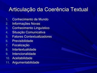 Articulação da Coerência TextualArticulação da Coerência Textual
1.1. Conhecimento de MundoConhecimento de Mundo
2.2. Informações NovasInformações Novas
3.3. Conhecimento LinguísticoConhecimento Linguístico
4.4. Situação ComunicativaSituação Comunicativa
5.5. Fatores ContextualizadoresFatores Contextualizadores
6.6. PrevisibilidadePrevisibilidade
7.7. FocalizaçãoFocalização
8.8. IntertextualidadeIntertextualidade
9.9. IntencionalidadeIntencionalidade
10.10. AceitabilidadeAceitabilidade
11.11. ArgumentabilidadeArgumentabilidade
 