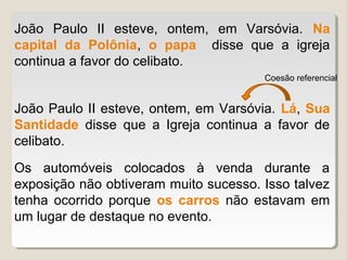 João Paulo II esteve, ontem, em Varsóvia. Na
capital da Polônia, o papa disse que a igreja
continua a favor do celibato.
                                       Coesão referencial


João Paulo II esteve, ontem, em Varsóvia. Lá, Sua
Santidade disse que a Igreja continua a favor de
celibato.

Os automóveis colocados à venda durante a
exposição não obtiveram muito sucesso. Isso talvez
tenha ocorrido porque os carros não estavam em
um lugar de destaque no evento.
 