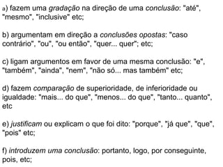 a) fazem uma gradação na direção de uma conclusão: "até",
"mesmo", "inclusive" etc;
b) argumentam em direção a conclusões opostas: "caso
contrário", "ou", "ou então", "quer... quer"; etc;
c) ligam argumentos em favor de uma mesma conclusão: "e",
"também", "ainda", "nem", "não só... mas também" etc;
d) fazem comparação de superioridade, de inferioridade ou
igualdade: "mais... do que", "menos... do que", "tanto... quanto",
etc
e) justificam ou explicam o que foi dito: "porque", "já que", "que",
"pois" etc;
f) introduzem uma conclusão: portanto, logo, por conseguinte,
pois, etc;
 