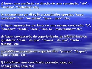 aa) fazem uma) fazem uma gradaçãogradação na direção de umana direção de uma conclusãoconclusão: "até",: "até",
"mesmo", "inclusive" etc;"mesmo", "inclusive" etc;
b) argumentam em direção ab) argumentam em direção a conclusões opostasconclusões opostas: "caso: "caso
contrário", "ou", "ou então", "quer... quer"; etc;contrário", "ou", "ou então", "quer... quer"; etc;
c) ligam argumentos em favor de uma mesma conclusão: "e",c) ligam argumentos em favor de uma mesma conclusão: "e",
"também", "ainda", "nem", "não só... mas também" etc;"também", "ainda", "nem", "não só... mas também" etc;
d) fazemd) fazem comparaçãocomparação de superioridade, de inferioridade oude superioridade, de inferioridade ou
igualdade: "mais... do que", "menos... do que", "tanto...igualdade: "mais... do que", "menos... do que", "tanto...
quanto", etcquanto", etc
e)e) justificamjustificam ou explicam o que foi dito: "porque", "já que",ou explicam o que foi dito: "porque", "já que",
"que", "pois" etc;"que", "pois" etc;
f)f) introduzem uma conclusãointroduzem uma conclusão: portanto, logo, por: portanto, logo, por
conseguinte, pois, etc;conseguinte, pois, etc;
 
