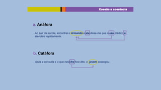 Coesão e coerência

a. Anáfora
Ao sair da escola, encontrei o Armando e ele disse-me que o seu médico o
atendera rapidamente.

b. Catáfora
Após a consulta e o que nela lhe fora dito, o jovem sossegou.

 