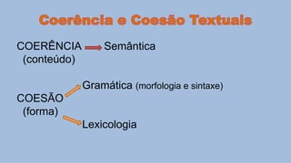COERÊNCIA
(conteúdo)

Semântica

Gramática (morfologia e sintaxe)

COESÃO
(forma)
Lexicologia

 