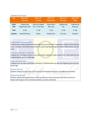 Schedule of Events
  Day           March 22nd           March 23rd          March 24th         March 25th         March 26th
                 Monday               Tuesday            Wednesday          Thursday            Friday

 Event         Engineering        Solve an Integral     Square Root         Engineering       Engineering
  Title      Organization Day     for a T-Shirt Day      Beer Day               Fair           Banquet

  Time             11-4p                11-4p               11-4p              11-4p             6-10p

Location      Sombrilla Plaza           Paseo            Roadrunner          UC Lawn            Denman




Engineering Organization Day
Student engineering societies will setup tables and recruit for their respective societies in the Sombrilla
area. In addition, each table will promote the upcoming Engineering San Antonio Week events and sell
food.

Solve an Integral for a T-Shirt Day
Students from all majors will line up to solve simple integrals in order to get a free T-Shirt with the new
Engineering San Antonio Week logo.

Square Root Beer Day
Students from all majors will receive root beer in a commerative cup with the Engineering San Antonio
Week logo.

Engineering Fair
Students will get to enjoy a day of “Pi” eating and throwing along with a free BBQ for all students.

Engineering Banquet
Students will get the opportunities to dress up and have a formal banquet with dinner and music.
Awards will be given out to individual students, societies and faculty.




6|Page
 