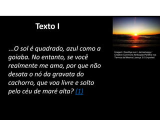 Texto I
...O sol é quadrado, azul como a
goiaba. No entanto, se você
realmente me ama, por que não
desata o nó da gravata do
cachorro, que voa livre e solto
pelo céu de maré alta? (1)
Imagem: Goodbye sun / Jennamayyy /
Creative Commons Atribuição-Partilha nos
Termos da Mesma Licença 3.0 Unported
 