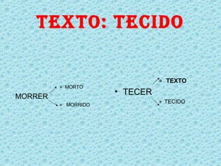 TeXTo: TeCiDo

                               » TEXTO
         » MORTO
                     • TECER
MORRER
                               » TECIDO
         » MORRIDO
 