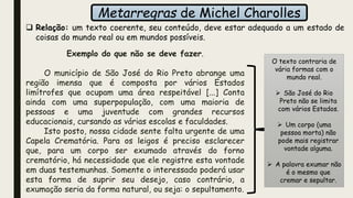 Metarregras de Michel Charolles
Exemplo do que não se deve fazer.
O município de São José do Rio Preto abrange uma
região imensa que é composta por vários Estados
limítrofes que ocupam uma área respeitável [...] Conta
ainda com uma superpopulação, com uma maioria de
pessoas e uma juventude com grandes recursos
educacionais, cursando as várias escolas e faculdades.
Isto posto, nossa cidade sente falta urgente de uma
Capela Crematória. Para os leigos é preciso esclarecer
que, para um corpo ser exumado através do forno
crematório, há necessidade que ele registre esta vontade
em duas testemunhas. Somente o interessado poderá usar
esta forma de suprir seu desejo, caso contrário, a
exumação seria da forma natural, ou seja: o sepultamento.
 Relação: um texto coerente, seu conteúdo, deve estar adequado a um estado de
coisas do mundo real ou em mundos possíveis.
O texto contraria de
vária formas com o
mundo real.
 São José do Rio
Preto não se limita
com vários Estados.
 Um corpo (uma
pessoa morta) não
pode mais registrar
vontade alguma.
 A palavra exumar não
é o mesmo que
cremar e sepultar.
 